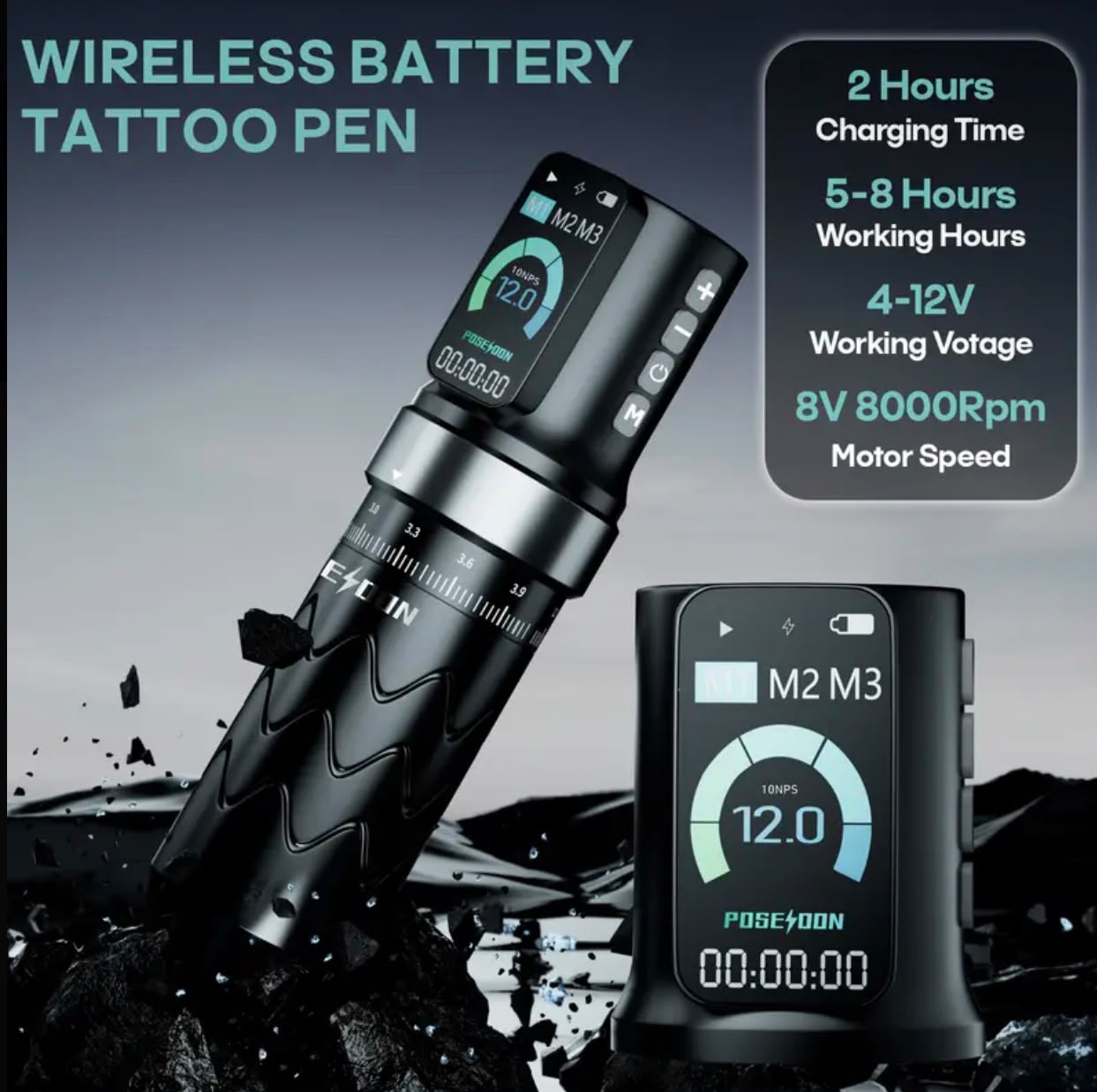 Poseidon Wireless Tattoo Pen — 2300mAh Long Battery
